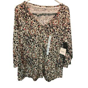 Rafaella Weekend Plus Size Womens 3/4 Sleeve Printed Top 1X Black/Red/White Cott